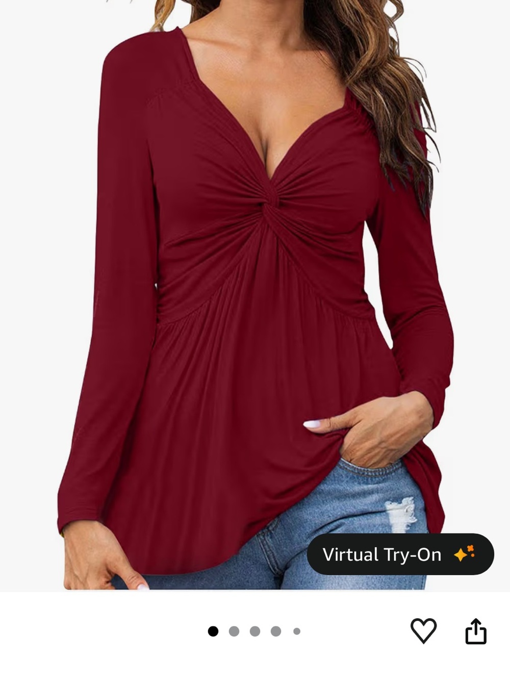 Women's Knot-Front Long Sleeve V-Neck Top - Burgundy